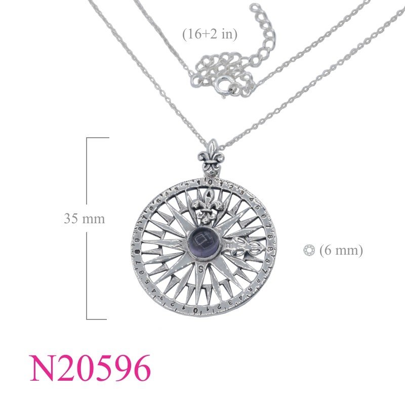 Necklace, 16 inches chain and round FDL sun charm with round Amethyst Glass..
