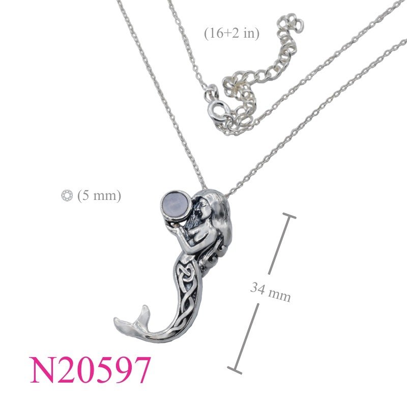 Necklace, 16 inches chain and mermaid holding Amethyst Glass charm.