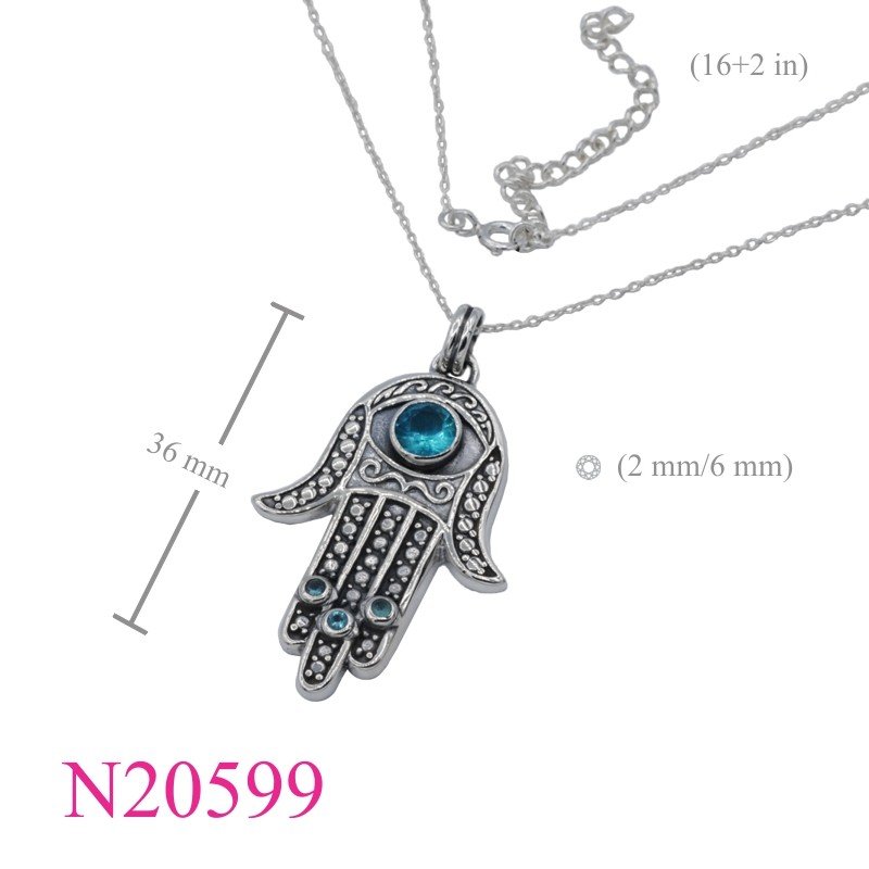 Necklace, 16 inches chain and Fatima hand charm with Blue Topaz Glass.