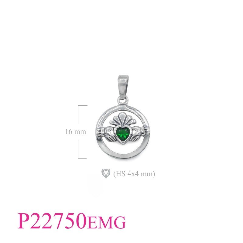 Claddagh Pendant, Heart Pendant, 16mm round Claddagh with Emerald Glass.