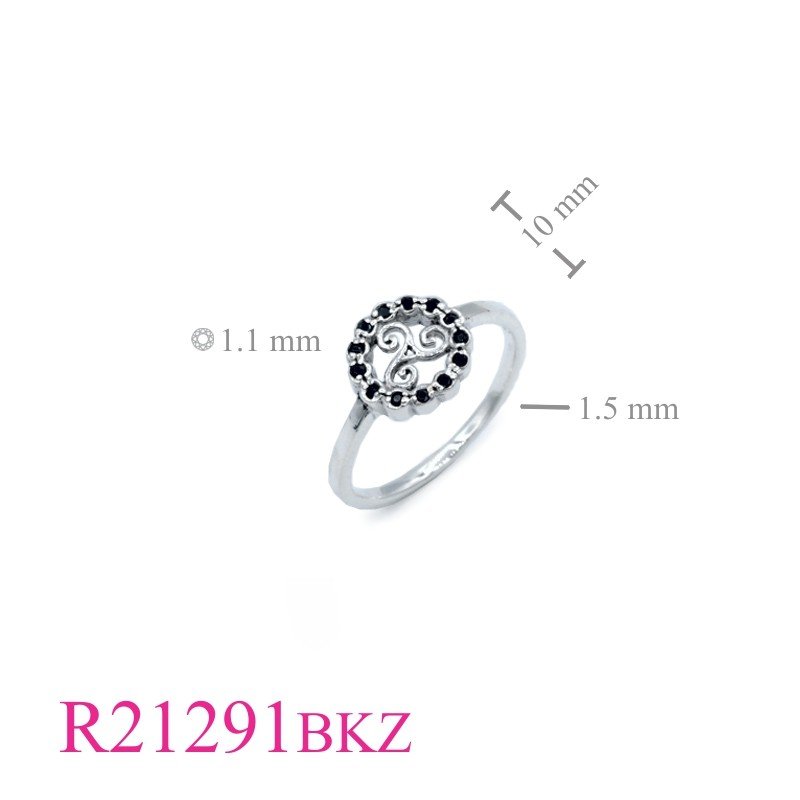 "Triskelion Ring, CZ Ring, round Triskelion with small Black CZs."