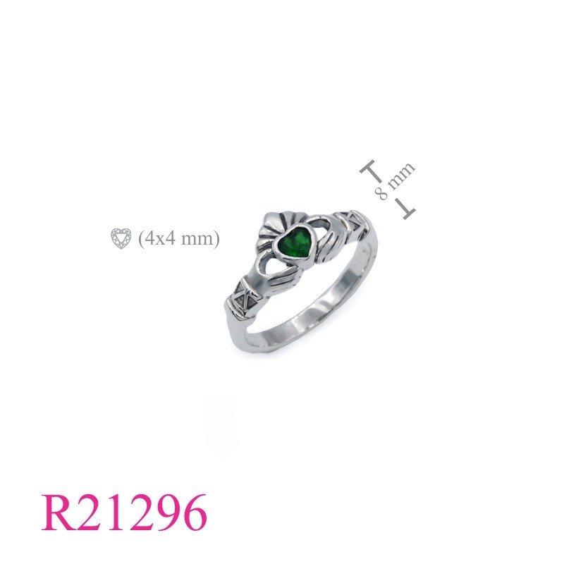 Claddagh Ring, Heart Ring, Claddagh with  Emerald Glass.
