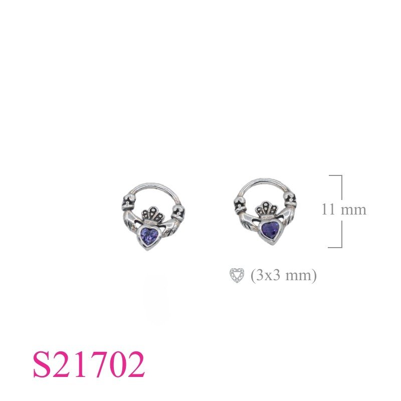 "Claddagh Earrings, Heart Earrings, CZ Earrings, round Claddagh with heart Amethyst CZ."