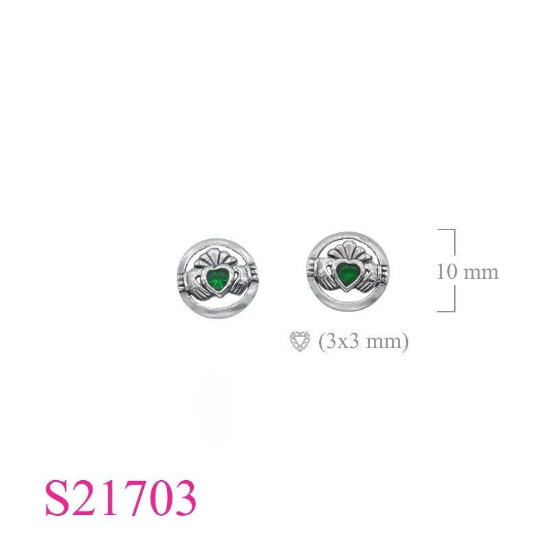 Claddagh Earrings, Heart Earrings, 10mm round Claddagh with  Emerald Glass.