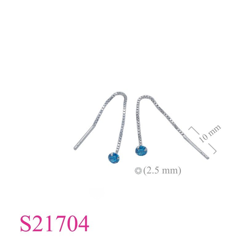 Earrings, 3.5mm Blue Topaz CZ and chain with Rhodium plated.