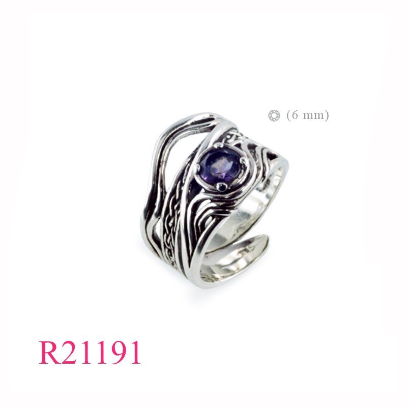 Ring, wavy Celtic design with Real Amethyst stone (Free size).