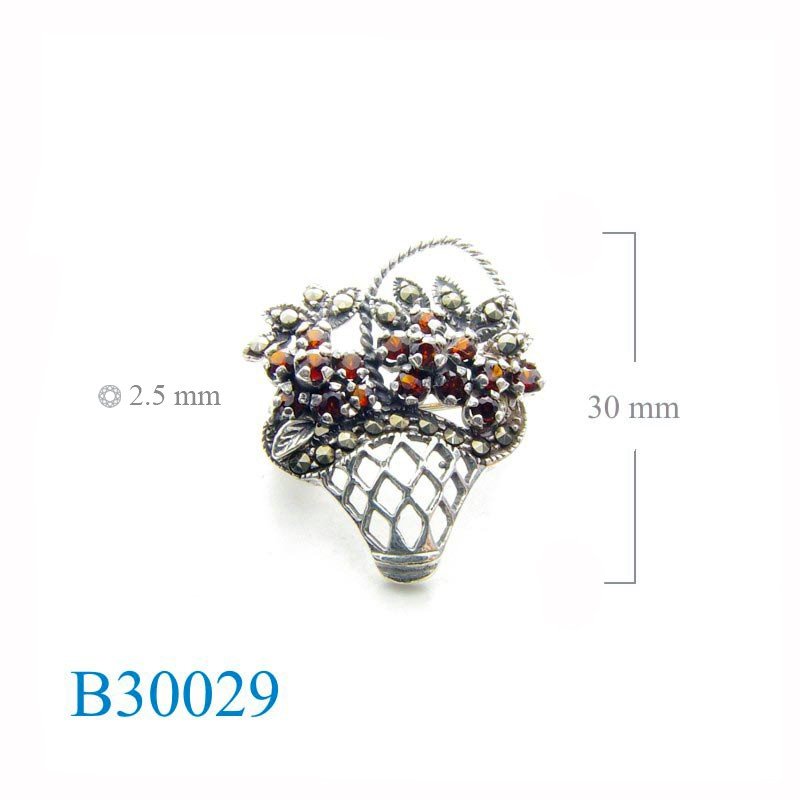 Brooch, marcasite flower basket with 2.5mm round stones, 18 pcs.