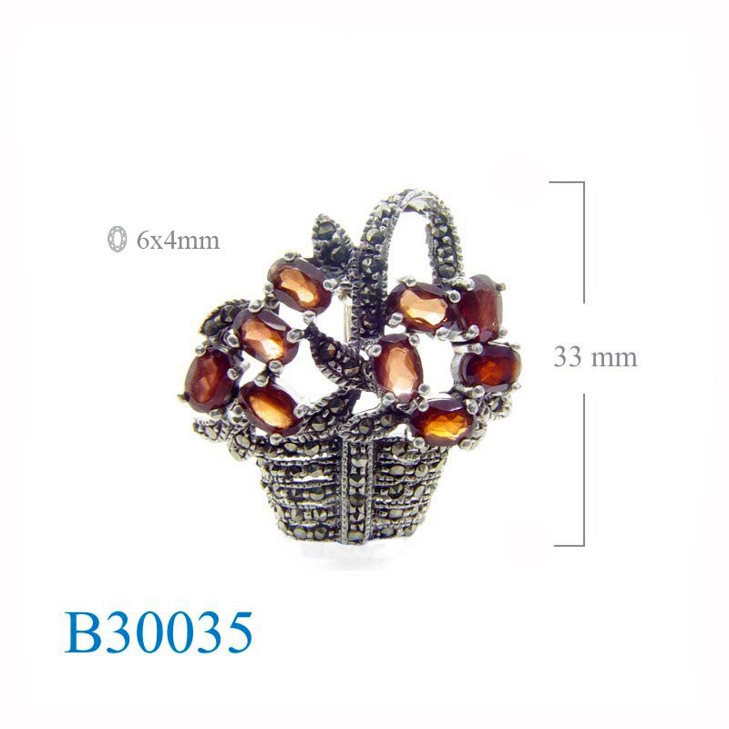 Brooch, marcasite basket with 6x4mm oval  Real Amethyst stones.