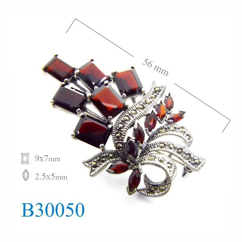 Brooch, marcasite 9x7mm rectangular Real Garnet stones.