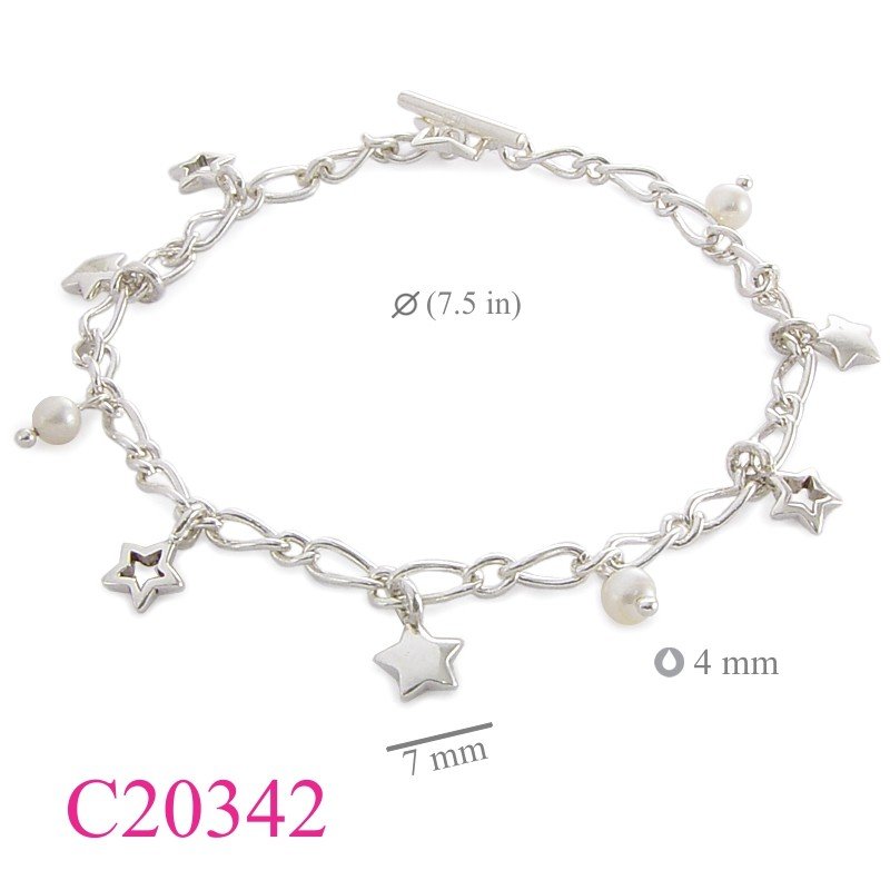Star Bracelet, 7 inches stars and hanging FW perls.