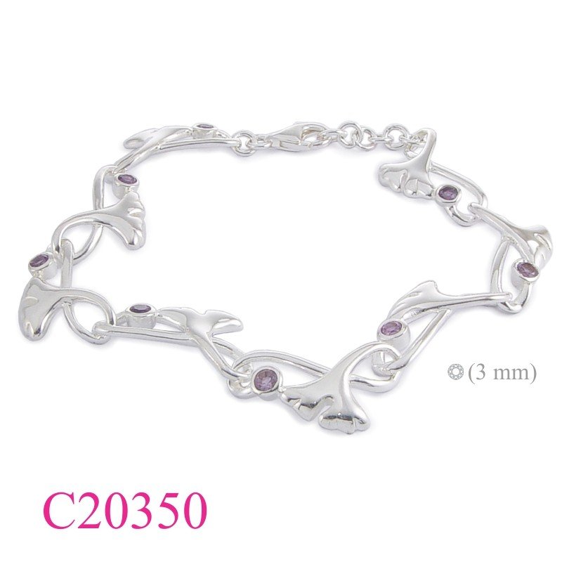 Ginkgo Bracelet, CZ Bracelet, 8 leaves and 3mm round Amethyst CZ stones.