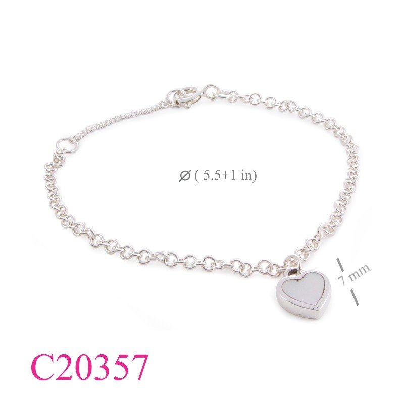 Bracelet, 5.5+1 inches with hanging heart stone.
