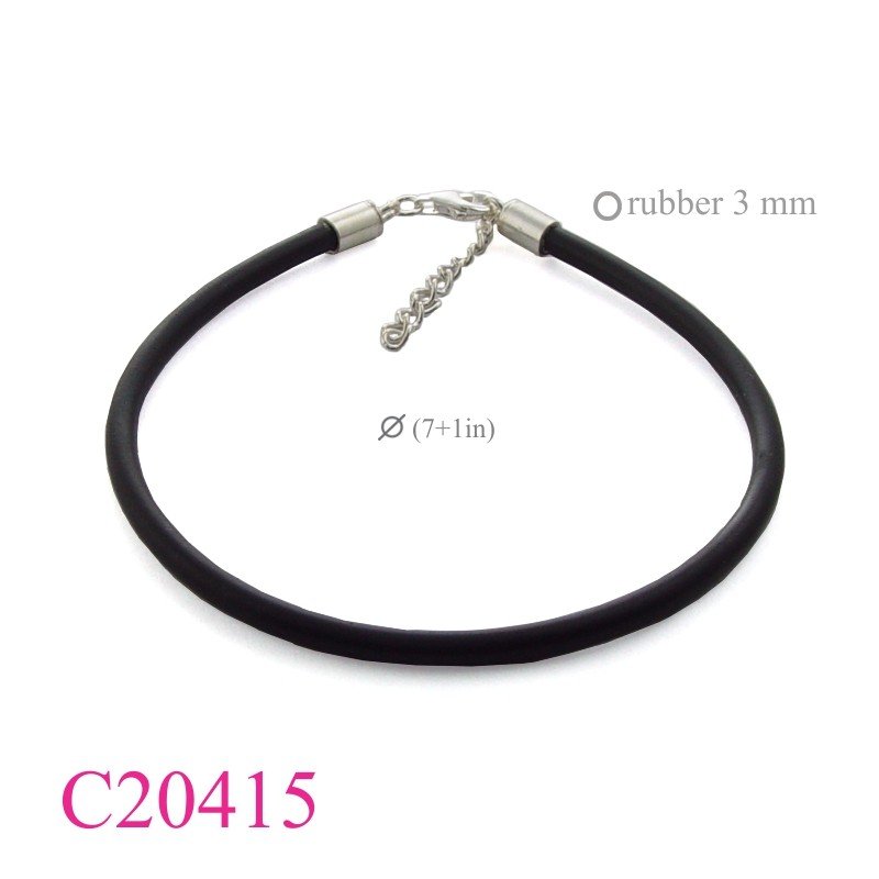 Bracelet, 7 inches 3mm rubber string with silver caps and extension chain.