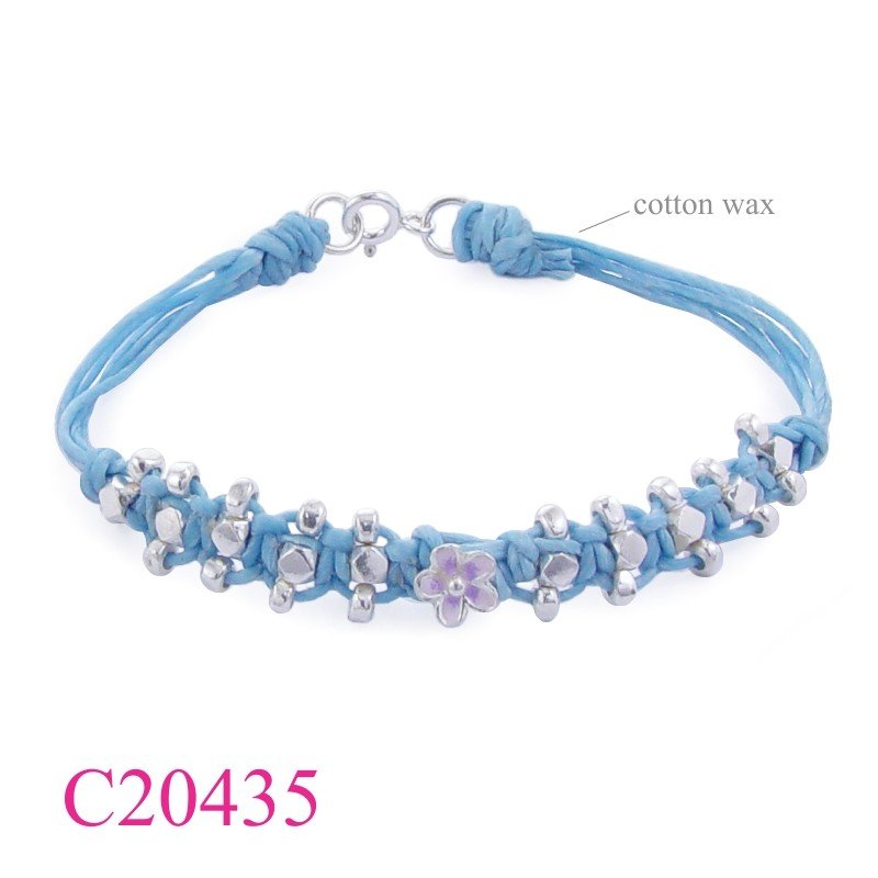 Flower Bracelet, flower and beads on cotton string knots enamel.