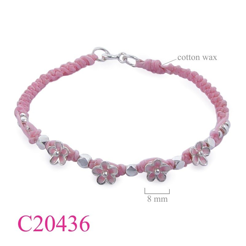 Flower Bracelet, 4 flowers and beads on cotton string knots enamel.