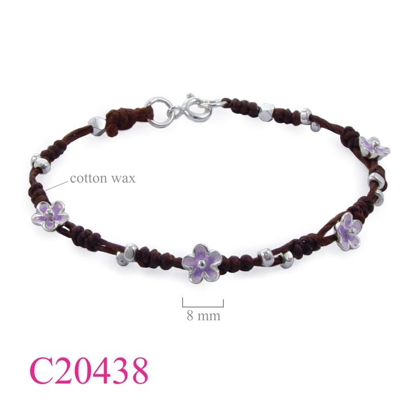 Flower Bracelet, 4 flowers and beads on cotton string knots enamel.