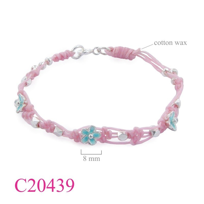 Flower Bracelet, 3 flowers and beads on cotton string knots enamel.