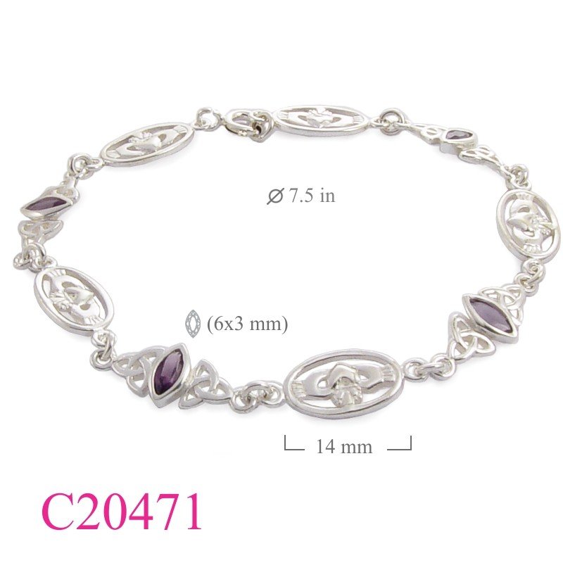 Bracelet, 7.5 inches oval Claddaghs and marquis Amethyst Glass stones.