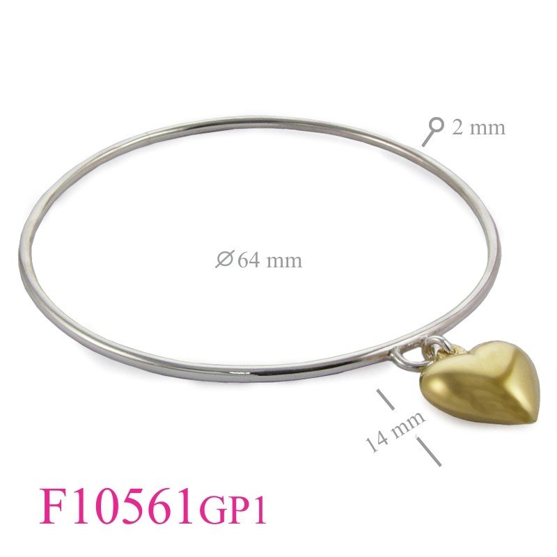 Heart Bangle, Gold Bangle, 2mm wire 64mm inside diameter and hanging 1 micron Gold plated .