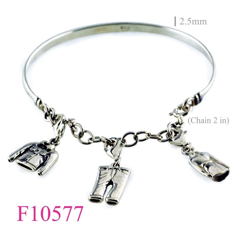 Bangle, chain and hanging jackets and jean with clasp locks.