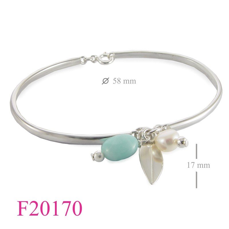 Bangle, hanging leaf, FW perl, and oval stone.