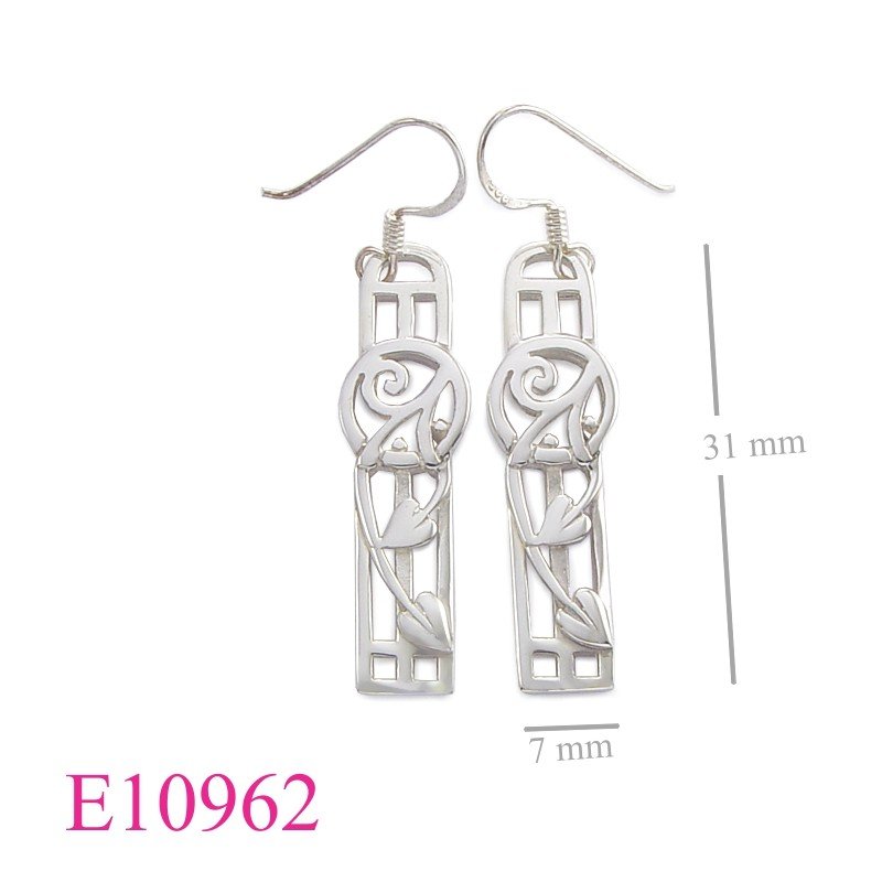 Rose Earrings, Mackintosh Earrings, rectagular cut out Mackintosh  design.