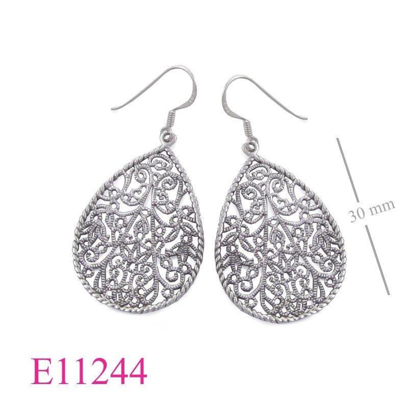 Earrings, drop filigree design.