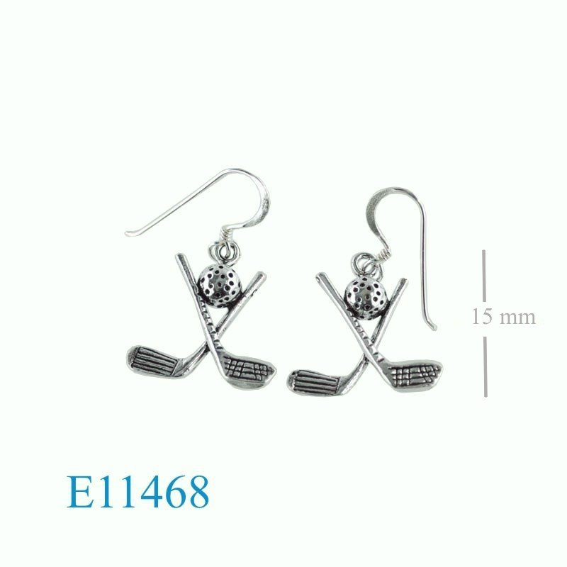 Earrings, golf ball and clubs.