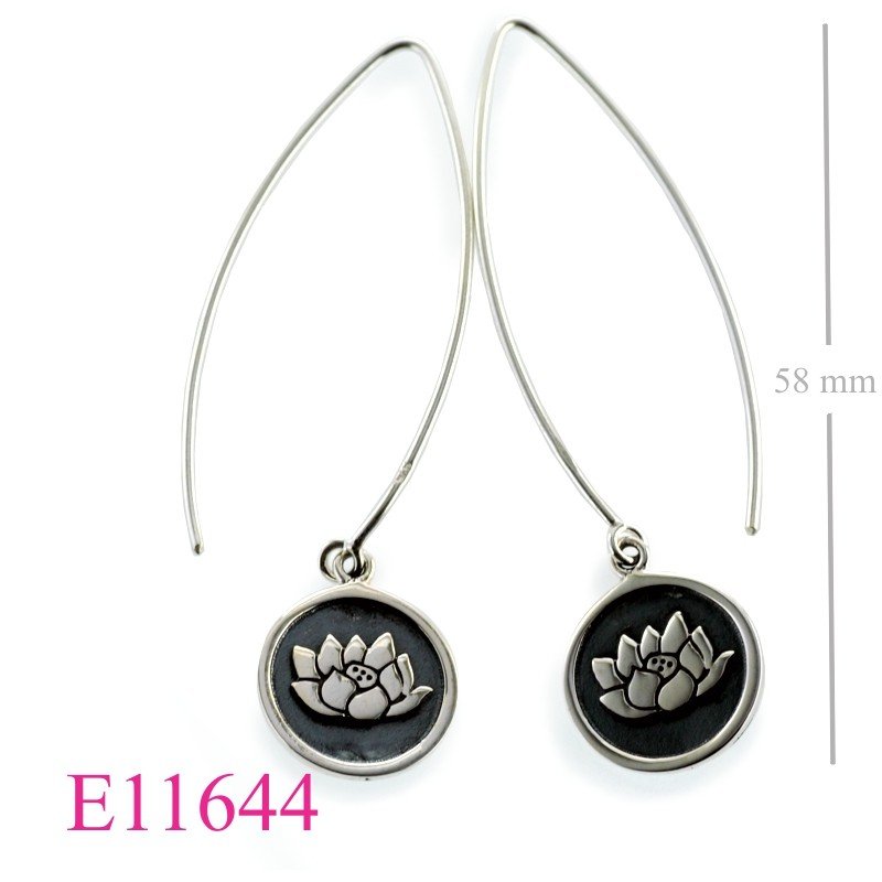 Lotus Earrings, lotus in round with long wire hook.