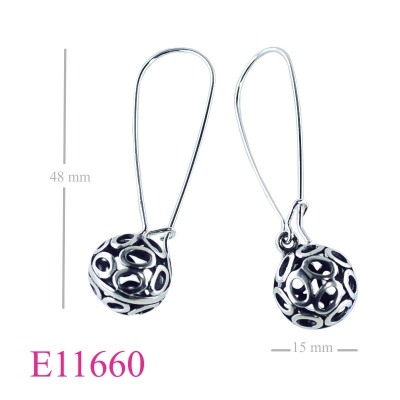 Earrings, "O" design ball and long wire hook.
