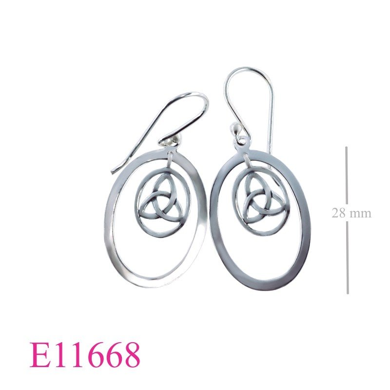 Earrings, hanging Trinity in oval frame.