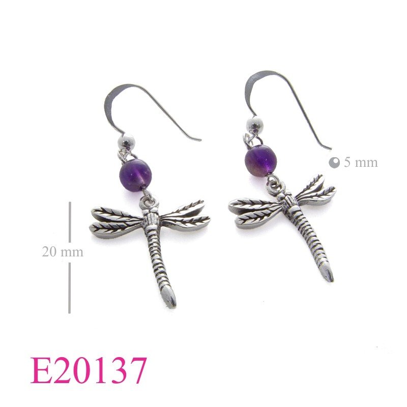 Dragonfly Earrings, dragonfly and 5mm stone bead.