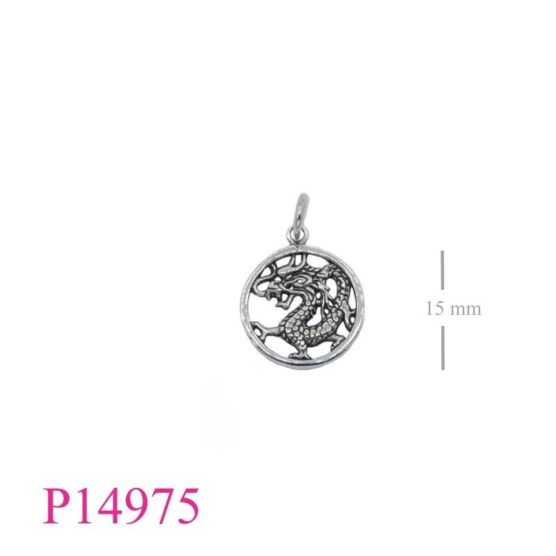 <p>Pendant, 15mm round dragon.</p>