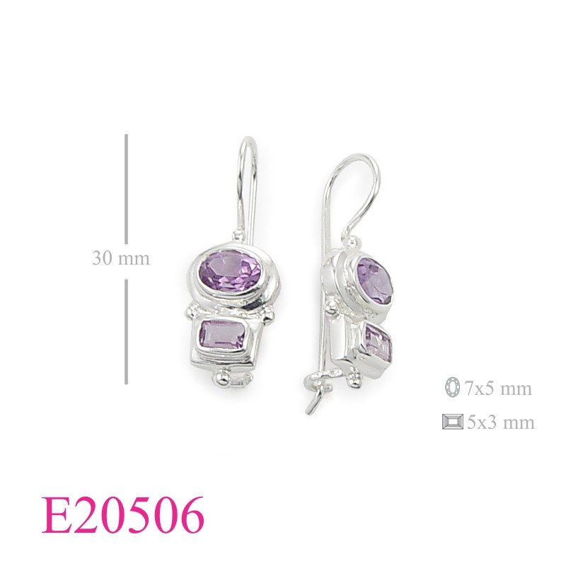 Earrings, long wire hook 7x5mm oval and 5x3mm rectangular stone.