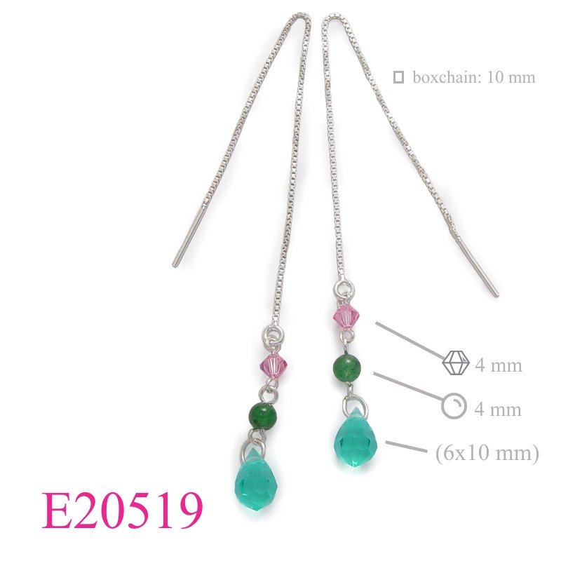 Earrings, tru boxchain with drop crystals.
