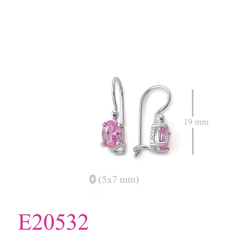 Stone Earrings, long hook 7x5mm oval Pink CZ stone.