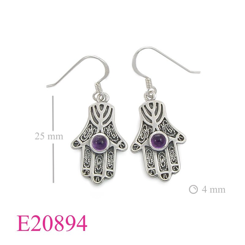 Stone Earrings, Fatima hand with cabochon Real Amethyst stone.