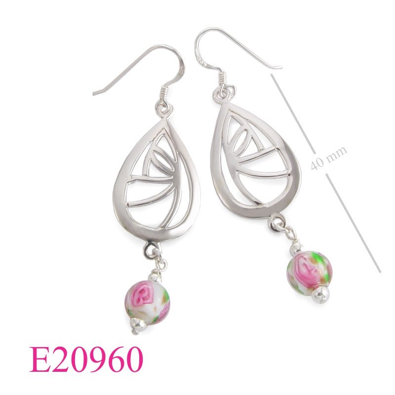 Rose Earrings, Mackintosh Earrings, drop Mackintosh and hanging Murano glass bead.