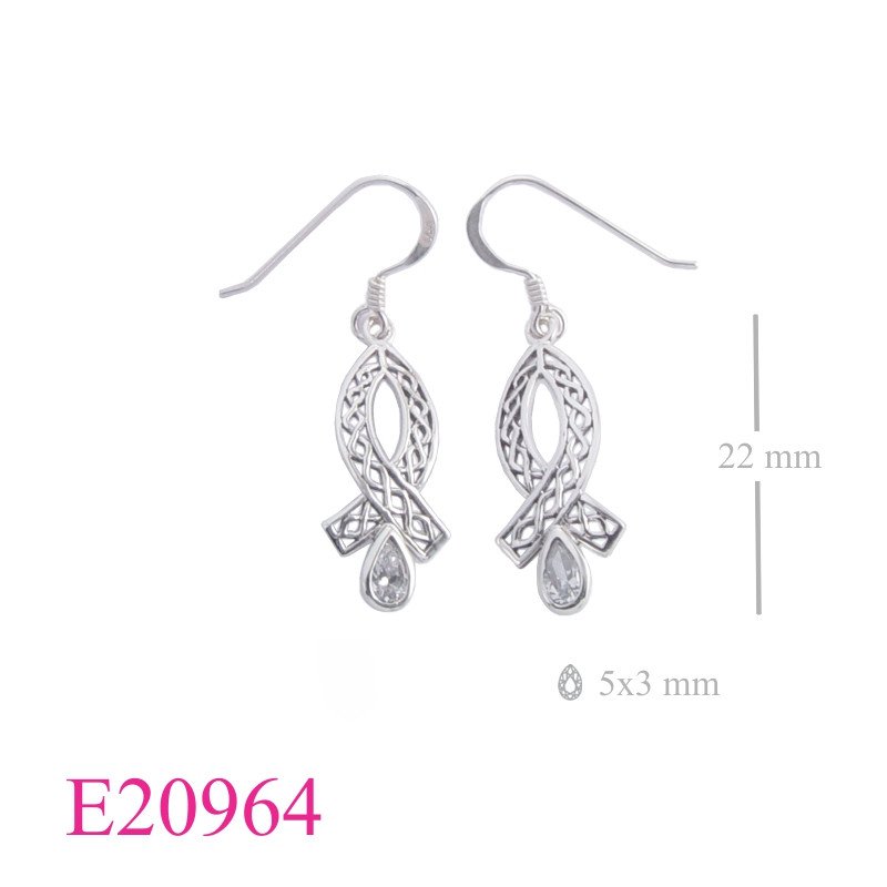Stone Earrings, stencil fish shape with drop CCZ stone.