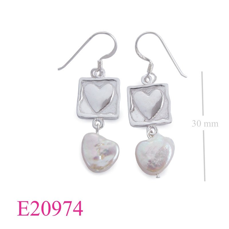 Heart Earrings, heart on square with hanging bead.