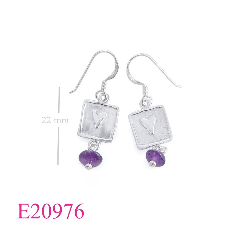 Heart Earrings, heart on square with hanging bead.