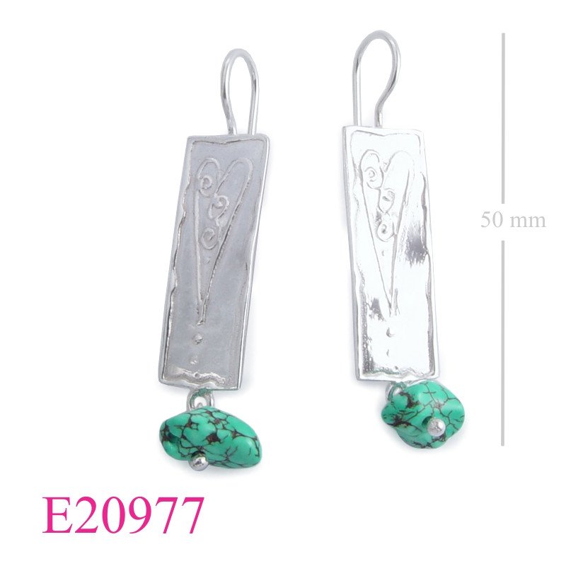Heart Earrings, long heart on rectangle with hanging bead.