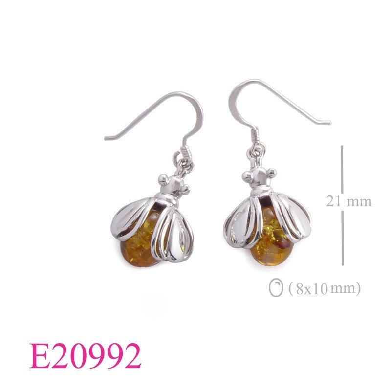 Ladybug Earrings, flying ladybug with oval Amber.