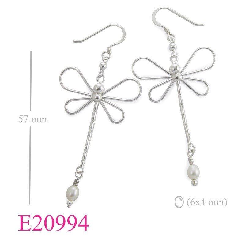 Dragonfly Earrings, wire dragonfly and hanging FW perl.
