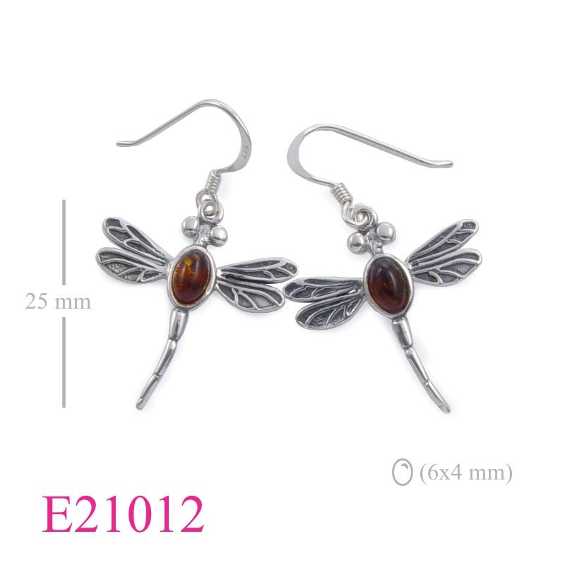 Dragonfly Earrings, dragonfly with oval Amber.