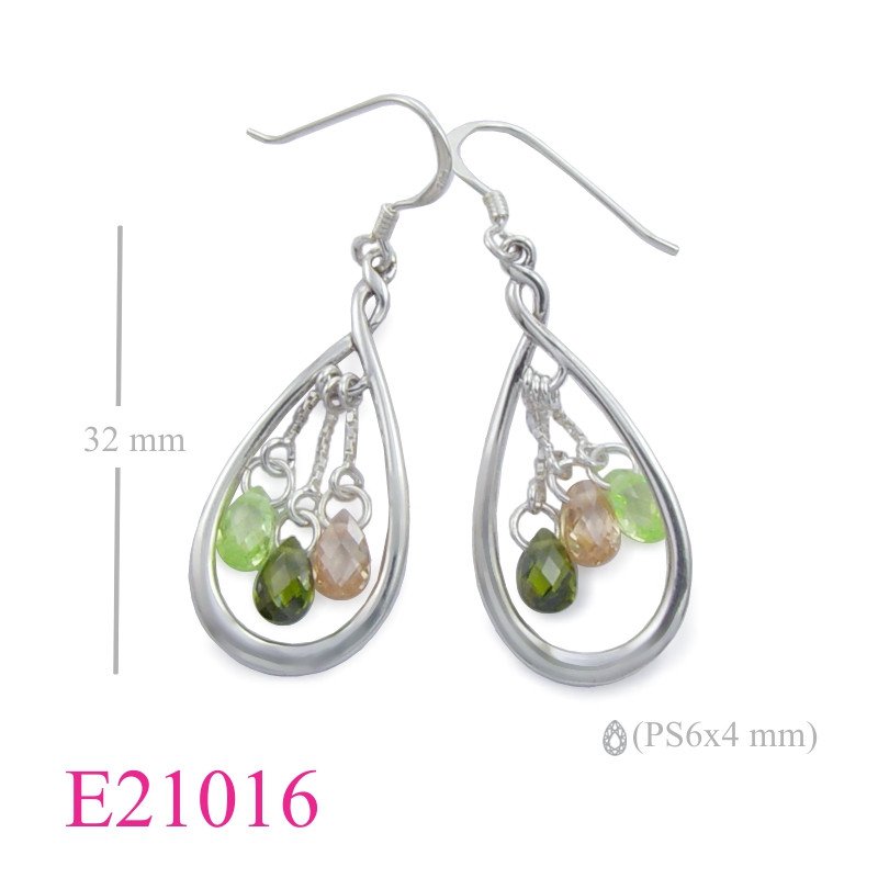 Earrings, 3 green tone drop crystals in drop loop.