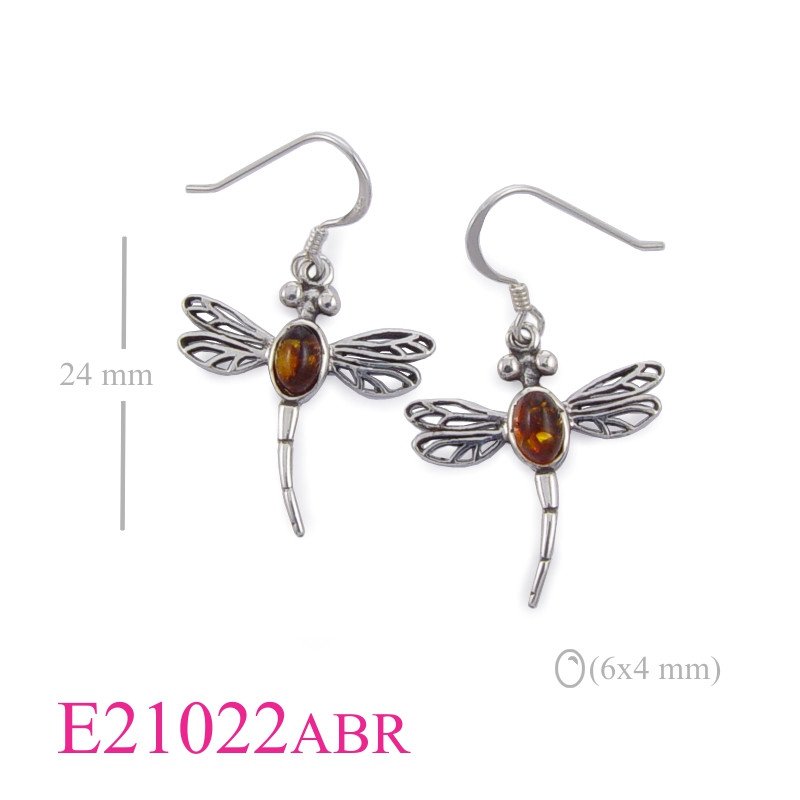Dragonfly Earrings, dragonfly with oval Amber.
