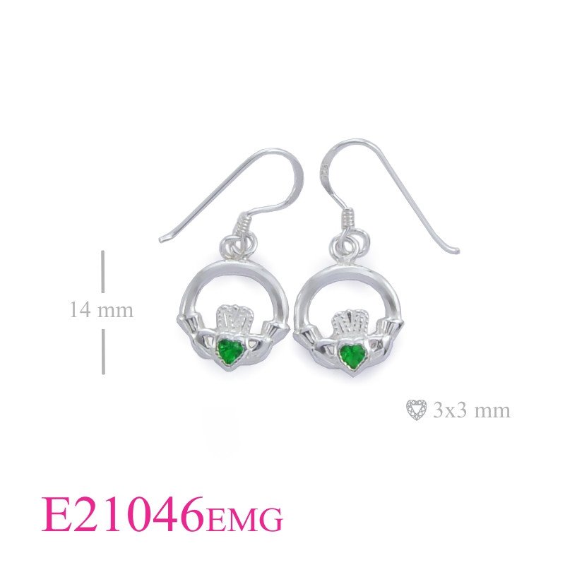 Stone Earrings, Claddagh with Emerald Glass heart stone.