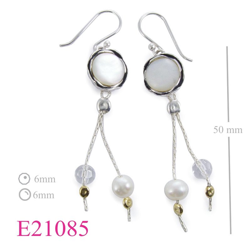 Earrings, round MOP and hanging 3 chains with perl beads.