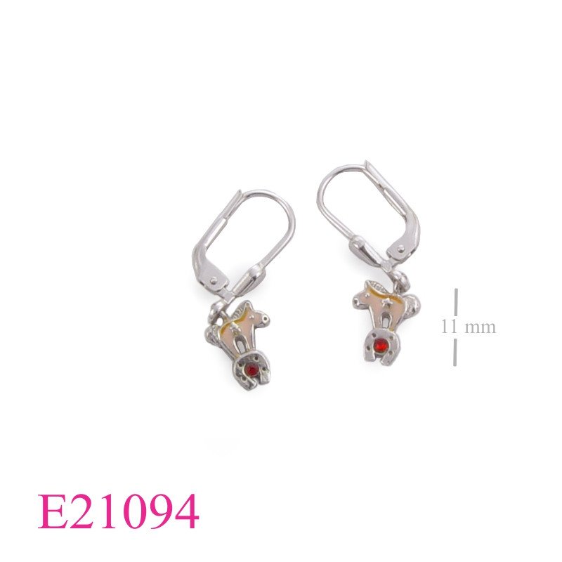 Earrings, enamel horse and horse shoe.